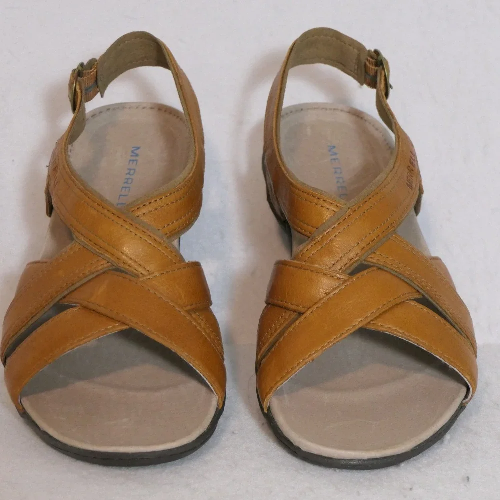 NIB Merrell Womens Bassoon Sandals 9 Tan Leather Strappy Gorpcore Granola J46248
